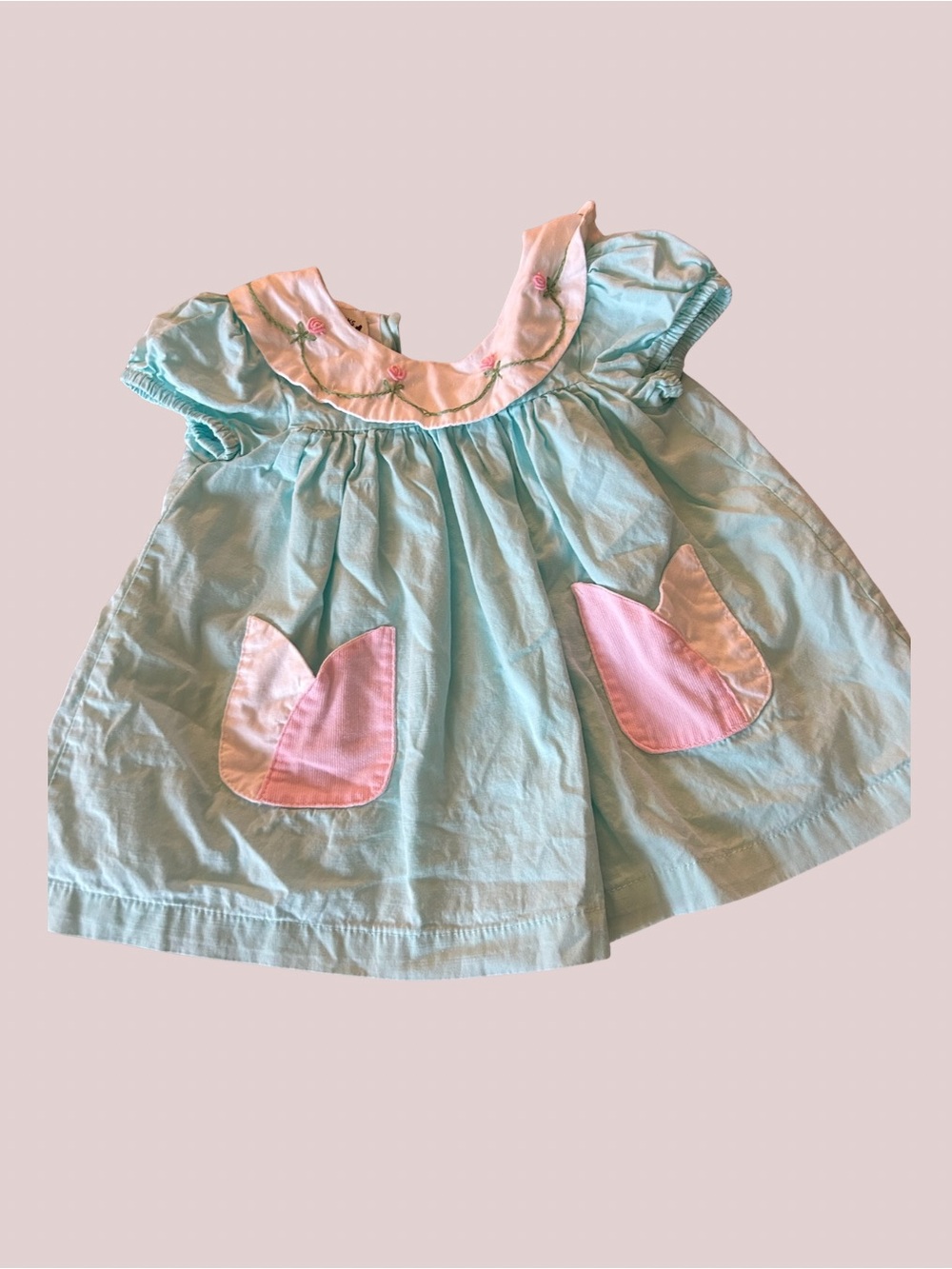 Girls' Mint Green Dress with Pink Pocket Tulip Accents
